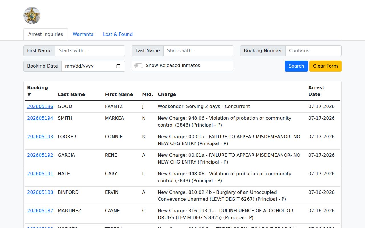 Charlotte County arrest history current booking search
