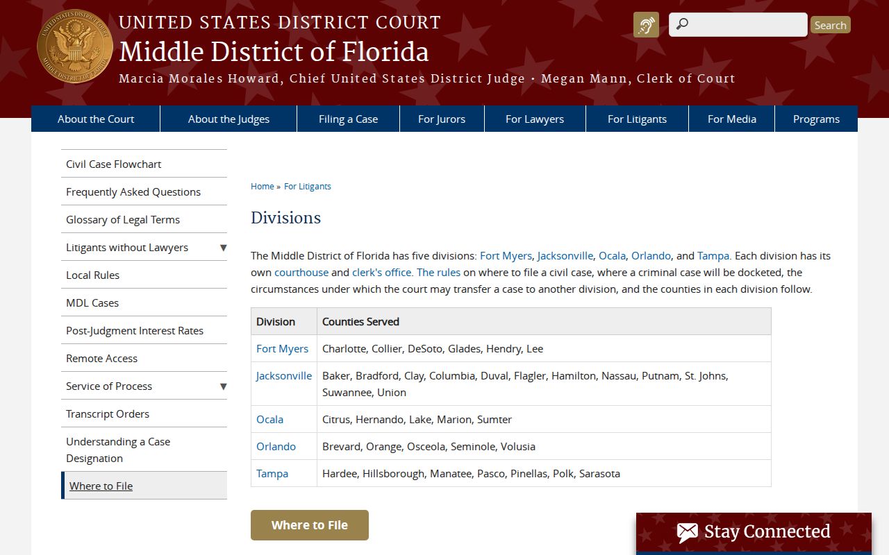 Middle District of Florida division map for Charlotte County federal jurisdiction