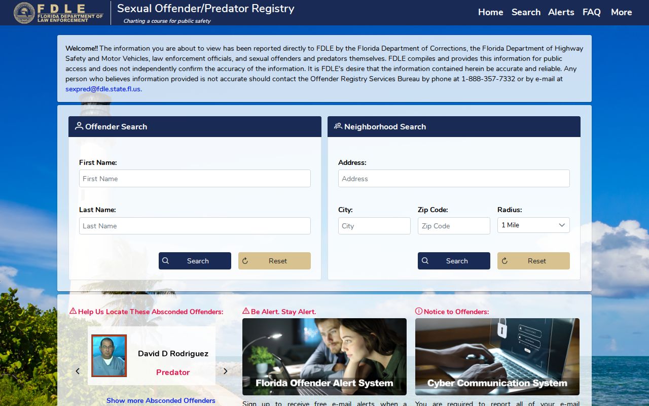 FDLE Florida Sexual Offenders and Predators Search page